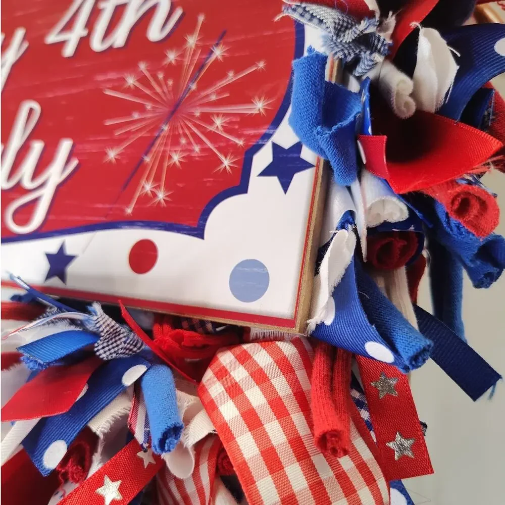 Happy 4th of July Handcrafted Rag & Ribbon Wreath, 16